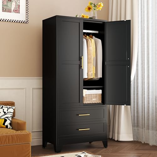 Metal Wardrobe Closet with 2 Doors & 2 Drawers, 71" Tall Armoire Wardrobe Closet with Hanging Rods and Adjustable Shelf, Steel Wardrobe Storage Cabinet for Bedroom-Black