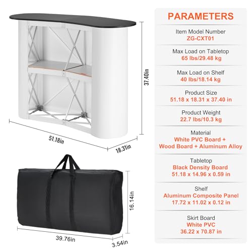 VEVOR Portable Tradeshow Podium Table, 51.18" x 18.31" x 37.4", Display Exhibition Counter Stand Booth Fair with Wall, Foldable Promotion Retail Bar Table Pop Up Podium with Storage Rack, Carrying Bag