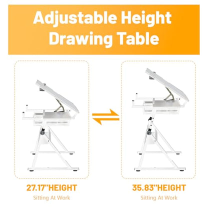 BAOMKONG Drafting Table and Stool Set, Tempered Glass Drawing Table with Adjustable Tabletop and Height Art Table for Artist Painters Home Office, White