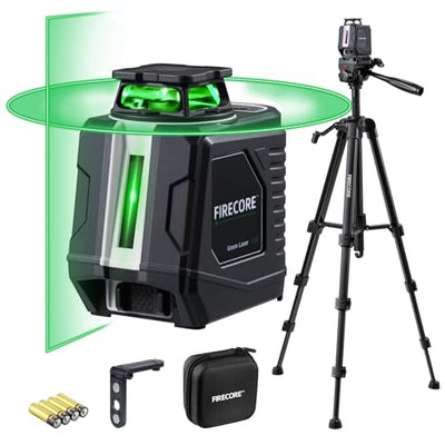 Firecore 360° Laser Level with Tripod, 100Ft Self Leveling Laser Level Green Cross Line Laser Leveler Tool for Picture Hanging Wall Tile Floor Construction, 60" Compact Tripod & Carry Pouch Included