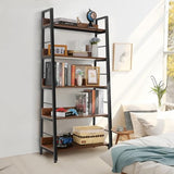 BATHWA 5-Tier Industrial Rustic Ladder Bookshelf - Open Wood and Metal Accent Bookcase BATHWA