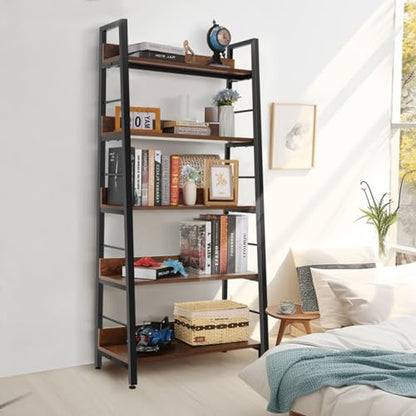 BATHWA 5-Tier Industrial Rustic Ladder Bookshelf - Open Wood and Metal Accent Bookcase - WoodArtSupply