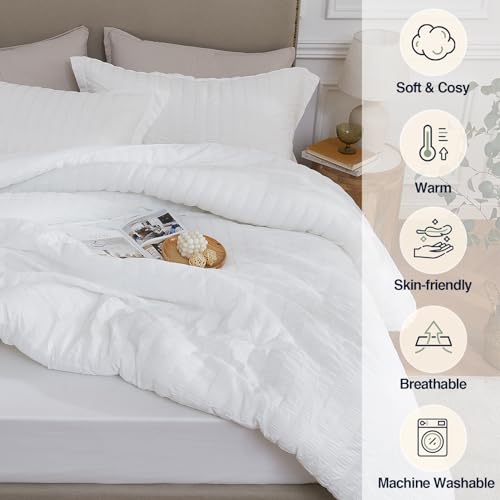 Quataly White Queen Comforter Set - 3 Pieces Seersucker Lightweight Bedding Comforter Sets (1 Soft Fluffy Comforter & 2 Pillowcases) - All Seasons Cozy Modern Bed Sets Quataly