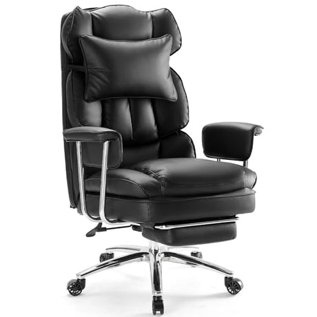 Sweetcrispy Executive Home Office Desk Chair - Ergonomic Big Tall High Back with Footrest & Lumbar Support, Reclining Height Adjustable, Comfy PU Leather Computer Gaming with Swivel Wheels, Black Sweetcrispy