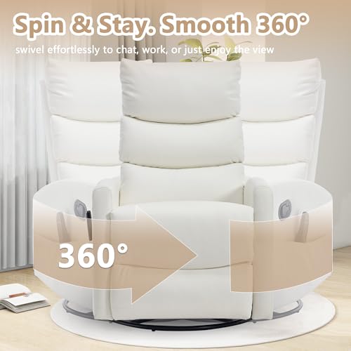 cinkehome Swivel Rocker Recliner Chair, Upholstered Nursery Glider Recliner Chair with Heated Massage, High Back, Side Pocket (White PU Leather)