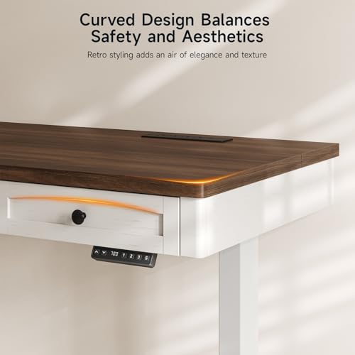 ONBRILL Standing Desk with 3 Drawers, 55 x 24 Inch Electric Height Adjustable Desk with Storage & Outlets, for Computer Workstation, Home Office, Retro Curved Table Corner & Drawers, Walnut ONBRILL