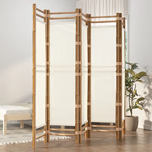 vidaXL 5-Panel Folding Room Divider in Cream White - Bamboo and Canvas Indoor/Outdoor Privacy Screen Partition - Stylish Farmhouse Decor for Living Room, Garden, Balcony - Easy to Assemble vidaXL