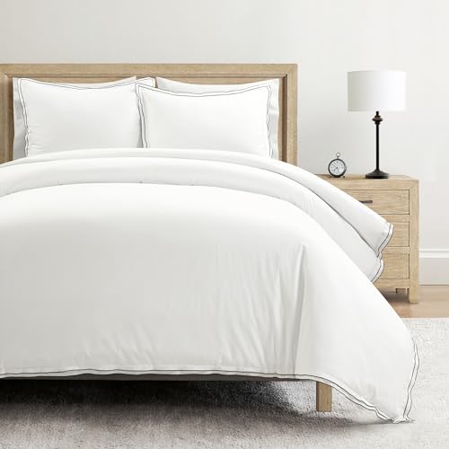Lush Decor Hampton Double Flange Embroidered Contrast Edge Cotton Duvet Cover Set, 3 Piece Set, King, White & Black - Hotel Bedding Set - Black Trim - White Duvet Cover - Minimalist Decor Lush Decor