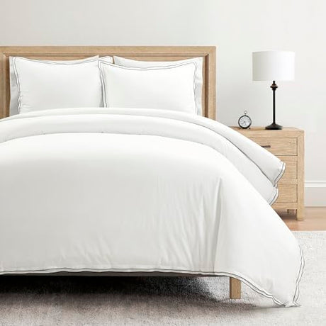Lush Decor Hampton Double Flange Embroidered Contrast Edge Cotton Duvet Cover Set, 3 Piece Set, Full/Queen, White & Black - Hotel Bedding Set - Black Trim - White Duvet Cover - Minimalist Decor Lush Decor