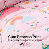 Wajade Kids Pink Princess Comforter Set Bed in A Bag Queen Size 7 Piece Princess Fairy Tales Castle Bedding Set for Girl (1 Comforter, 1 Flat Sheet, 1 Fitted Sheet, 2 Pillowcase and 2 Pillow Sham) Wajade
