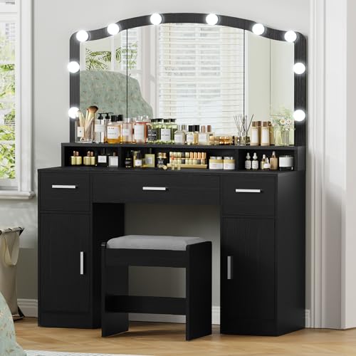 usikey Makeup Vanity with Lights, Vanity Desk, Makeup Vanity Table with 3 Drawers, 2 Cabinets & Long Storage Shelf, 10 Led Lights, Dressing Vanity Table with Stool, for Women, Girls, Bedroom, Black