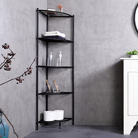 Kimzda 5-Tier Corner Shelf Stand Metal Wire Corner Shelving Display Unit Storage Furniture Multipurpose Space Saving Storage Rack for Living Room, Office, Kitchen, Black KIMZDA