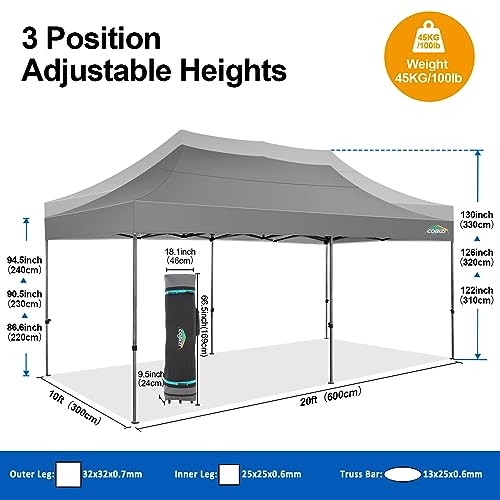 COBIZI 10x20 Pop up Canopy Tent 10x20 Canopy with 6 Sidewalls Waterproof Heavy Duty Commercial Tent for Parties Outdoor Garden Gazebo, Carry Bag with Wheel(10x20ft, Gray) COBIZI