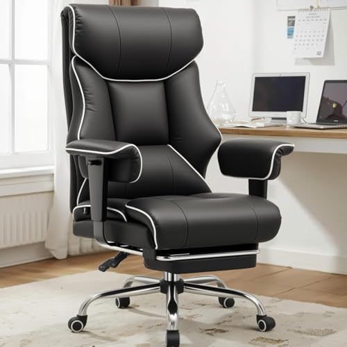 COMHOMA Big and Tall Office Chair 400lbs High Back Gaming Chair with Ergonomic Lumbar Support & Pocket Spring Cushion for Lower Back Pain Relief, Leather Executive Chair with Foot Rest, White/Black COMHOMA