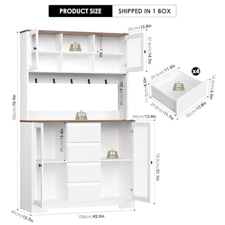 HIFIT 71" Tall Kitchen Pantry Cabinet, Kitchen Hutch Coffee Bar with 4 Drawers & 5 Metal Hooks & 4 Doors & Microwave Stand, Hutch Cabinet for Living Room, Dining Room, White Pantry HIFIT