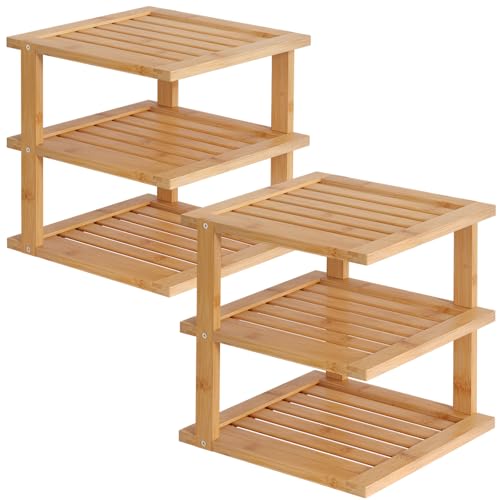 Danfoxer 2 Pack Bamboo Corner Shelf,3 Tier Kitchen Cabinet Organizer for Plates and Dishes,Pantry Storage and Spice Rack（Natural） Danfoxer