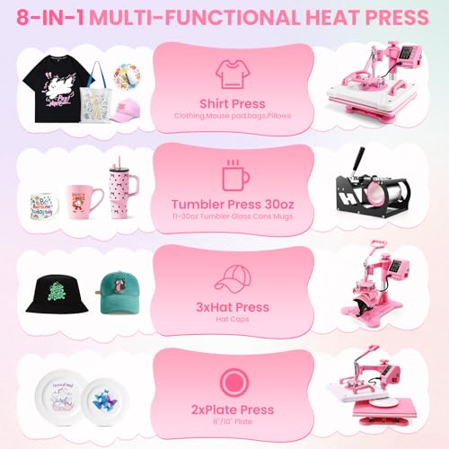 Whubefy Upgraded Heat Press Machine 12x15, 8 in 1 Clamshell Heat Press Combo w/DTF, Sublimation Paper, Tumbler Heat Press 11-20oz, Vinly/HTV/Sublimation/Heat Transfer/Shirt Heat Press Machine Whubefy