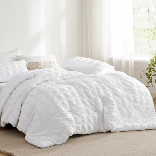 Bedsure Plaid Seersucker Comforter Sets Full Size Bed 7 Piece, Soft Lightweight White Bedding All Season Full Bed in a Bag Set with Comforters, Sheets, Pillowcases & Shams Bedsure
