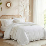 Merryword 100% Cotton Ruffled Comforter Set Queen, White Shabby Chic Farmhouse Bedding Set French Country Cute Comforter Set Merryword
