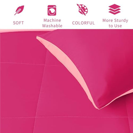 Exclusivo Mezcla Lightweight Reversible Twin Size Comforter Set, Down Alternative Comforter with 1 Pillow Sham, Twin Size Bedding Set for All Seasons, Hot Pink/Bright Pink Exclusivo Mezcla