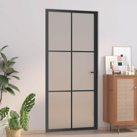 Interior Door 36.6"x79.3" Black Matt Glass, Aluminum Frame, Modern Frosted Tempered Glass Panel, Privacy Room Divider for Home Office, Easy Assembly Zeehear