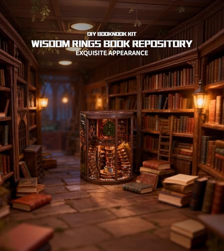 Roroom DIY Miniature House Kit, Wisdom Rings Book Repository Book Nook Kit with LED Light,3D Wooden Puzzle Miniature Dollhouse Kit for Bookshelf Decor-Creative Gift for Family and Friends Roroom