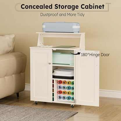 𝐂𝐫𝐚𝐟𝐢𝐭 Craft Cart Storage Cabinet Compatible with Cricut Machine, Rolling Crafting Table Furniture with Vinyl Roll Holder Organizer Desk Workstation for Craft Room Home Organization, Ivory