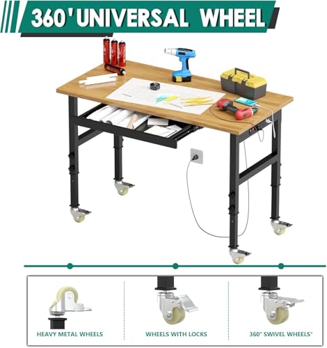 Adjustable Heavy Duty Workbench with Drawers,Rubber Wood Top Working Table, 2500 LBS Load Capacity DUSACOM