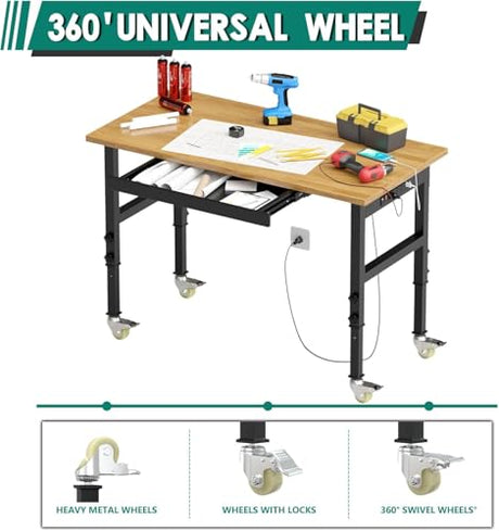 Adjustable Heavy Duty Workbench with Drawers,Rubber Wood Top Working Table, 2500 LBS Load Capacity DUSACOM