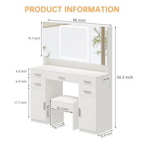 Airynee Vanity Desk with Mirror, 9 Drawers Makeup Vanity Tables with Power Outlet, Tri-Folding & 3 Colors Adjustable LED Lighted Mirror, Vanities Desk Set for Bedroom, Dressing Room, White Airynee