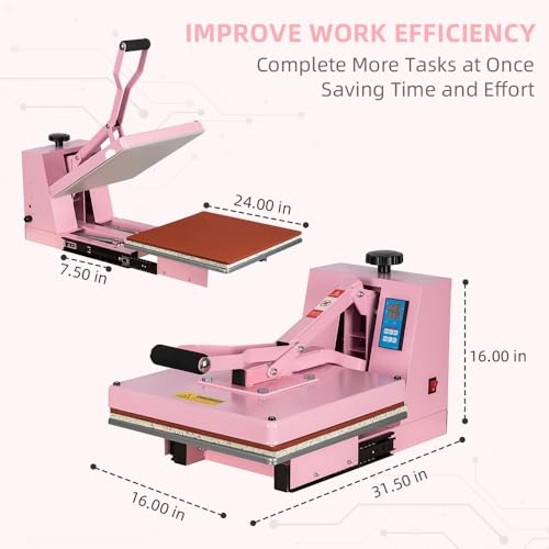 15x15 Heat Press Machine with Slide-Out Platen, T-Shirt Heat Transfer Press for DTF & HTV Vinyl, 110V 1400W Digital Temp/Timer, Dual Support Arms, 0–400°F, Pink WUMSTOT