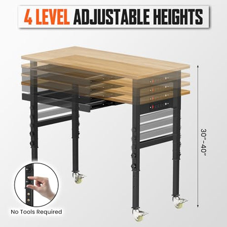 SGHATAJ 48” Adjustable Height Workbench with Drawers, Heavy-Duty Solid Wood Work Table with Lockable Wheels and Power Outlets, 3000 Lbs Capacity Workstation for Garage, Workshop, Home, Office SGHATAJ