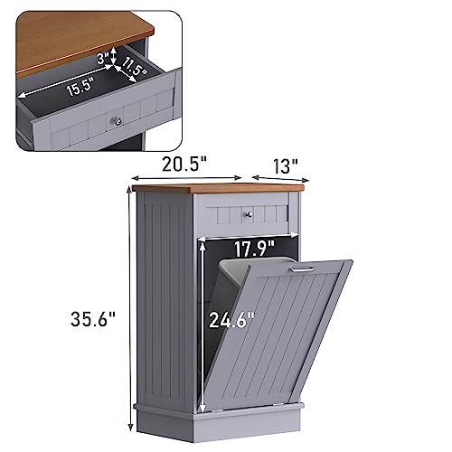 TOLEAD Tilt Out Trash Cabinet,Antique-style Beadboard Kitchen Island with Solid Wood Tabletop & Drawer, Pet Proof Trash Can, Wood Laundry Cabinet (Grey) TOLEAD
