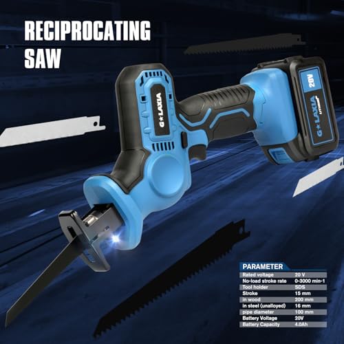 G LAXIA Reciprocating Saw, 20V Cordless Reciprocating Saw with 4.0Ah Battery, Tool-Free Blade Change, 3Pcs Blades for Wood, Soft Metal, PVC Pipe Cutting G LAXIA