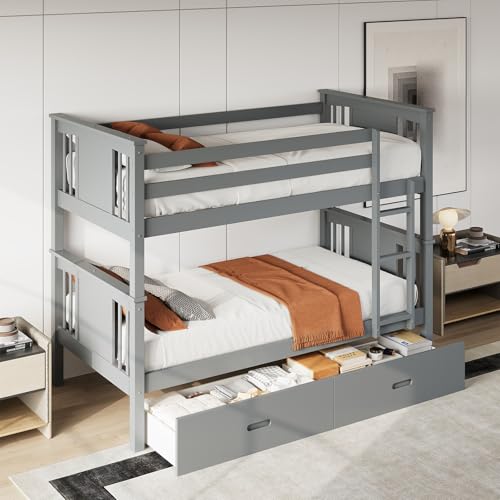 FUQARHY Bunk Bed Twin Over Twin with Storage Drawers, Gray Convertible Wood Twin Bunk Beds with Ladder and Safety Guardrail, No Box Spring Needed (Blue-Gray) FUQARHY