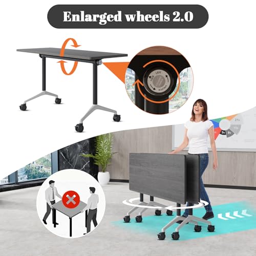 Ptosziav Folding Conference Table,Modular Foldable Conference Room Tables with Wheels for 4-12,Large Small Meeting Table Mobile Training Office Table for Classroom School (4, Grey, 55") Ptosziav