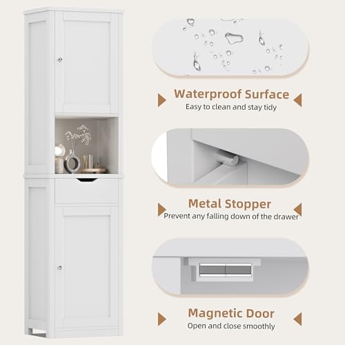 Shintenchi Tall Bathroom Storage Cabinet, Slim Corner Floor Cabinet with Doors and Drawer, Freestanding Narrow Bathroom Organizer with Adjustable Shelves for Small Space, White Shintenchi