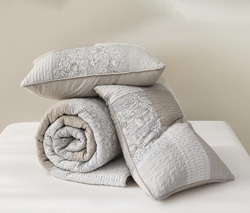 Chezmoi Collection Quinn 3-Piece Neutral Taupe Gray White Floral Hibiscus Flower Candy Stripe Patchwork Quilt Set - Pre-Washed Cotton Coverlet - Lightweight Reversible Bedspread, Queen Size Chezmoi Collection