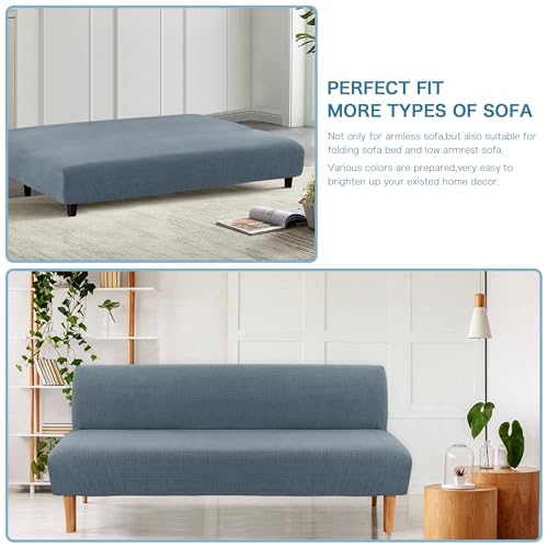 H.VERSAILTEX 100% Waterproof Stretch Futon Slipcover Armless Sofa Cover Furniture Protector Without Armrests Slipcover Soft with Elastic Bottom for Kids, Spandex Jacquard Small Checks, Stone Blue H.VERSAILTEX