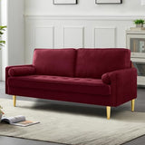 RXRRXY 67" Modern Velvet Loveseat Sofa Couch, Mid-Century Tufted Upholstered Small Love Seat Couch with 2 Pillows & 4 Golden Legs, 2-Seats Couches for Compact Space, Living Room, Apartment (Burgundy) RXRRXY