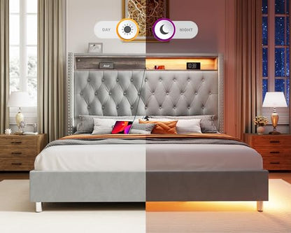 Jocisland King Bed Frame with LED Lighting and Charging Station - Velvet Tall Upholstered Platform with Wingback Headboard - WoodArtSupply