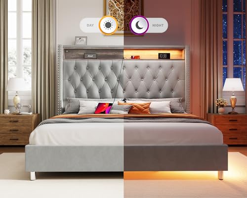 Jocisland Gray Velvet Queen Bed Frame with LED Lights & Charging Station Jocisland