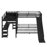 Metal Triple Bunk Beds with Slide, Desk and Storage Shelves, L-Shaped Twin Over Full Bunk Bed with 2 Ladders and Guardrails for Kids Teens, Noise-Free Design (Black, Twin/Full) CITYLIGHT