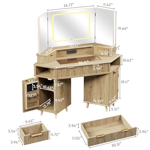 ENSTVER Corner Vanity with Clear Glass Top, 47" Corner Makeup Vanity Desk with Large Mirror and Lights, Fluted Wooden Vanity Wall-Mounted Jewelry Storage for Bedroom, Oak ENSTVER