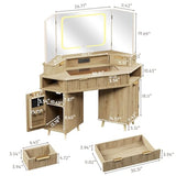 ENSTVER Corner Vanity with Clear Glass Top, 47" Corner Makeup Vanity Desk with Large Mirror and Lights, Fluted Wooden Vanity Wall-Mounted Jewelry Storage for Bedroom, Oak ENSTVER