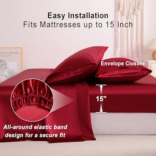 NTBAY Silk Satin King Sheet Set, 4-Piece Luxury and Soft Bedding Set Cooling Silky Sheets for Hair and Skin, Includes 2 Pillowcases, 1 Flat Sheet, 1 Fitted Sheet with Deep Pocket, Wine Red NTBAY