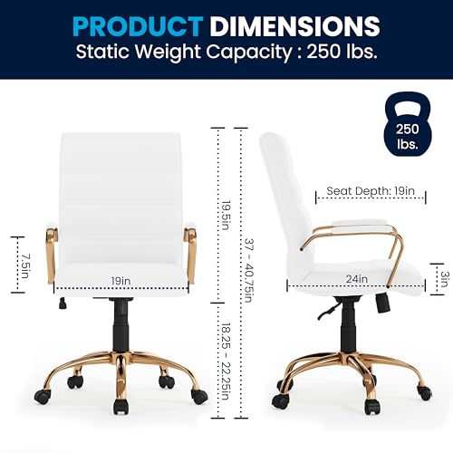Flash Furniture Whitney Mid-Back Swivel LeatherSoft Desk Chair with Padded Seat and Armrests, Adjustable Height Padded Office Chair, White/Gold Flash Furniture