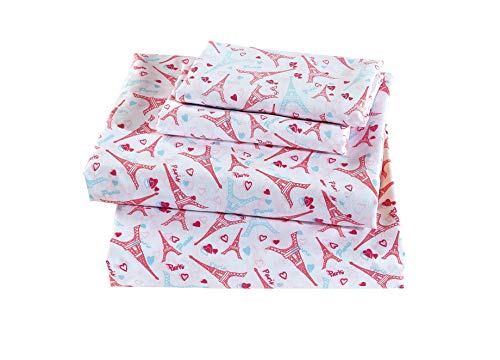 Linen Plus Sheet Set for Girls/Teens Eiffel Tower Paris Hot Pink Light Blue White Flat Sheet Fitted Sheet and Pillow Cases Full Size New Linen Plus