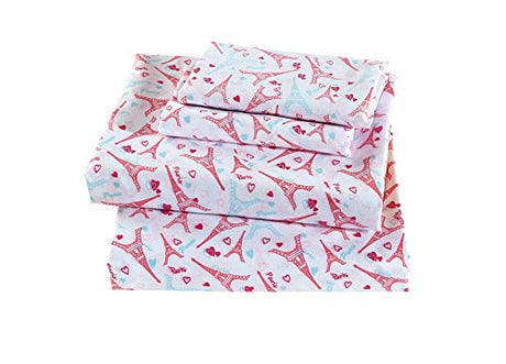 Linen Plus Sheet Set for Girls/Teens Eiffel Tower Paris Hot Pink Light Blue White Flat Sheet Fitted Sheet and Pillow Cases Full Size New Linen Plus