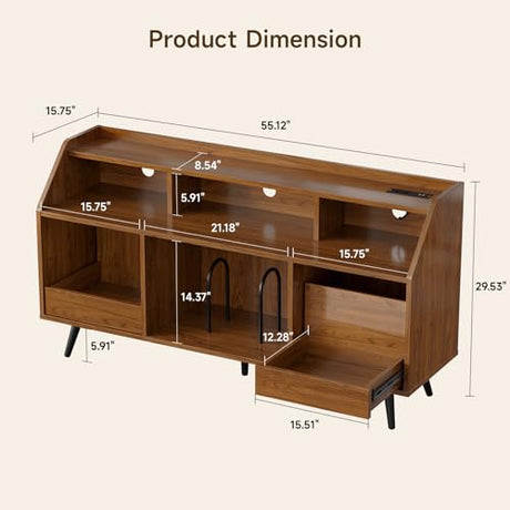 55 Inch Record Player Stand with LED Light, Modern Vinyl Record Storage Cabinet with 2 Drawers & Open Shelves, Holds up to 500 Albums, Turntable Stand w/Charging Station for Living Room Bedroom Walnut ONBRILL